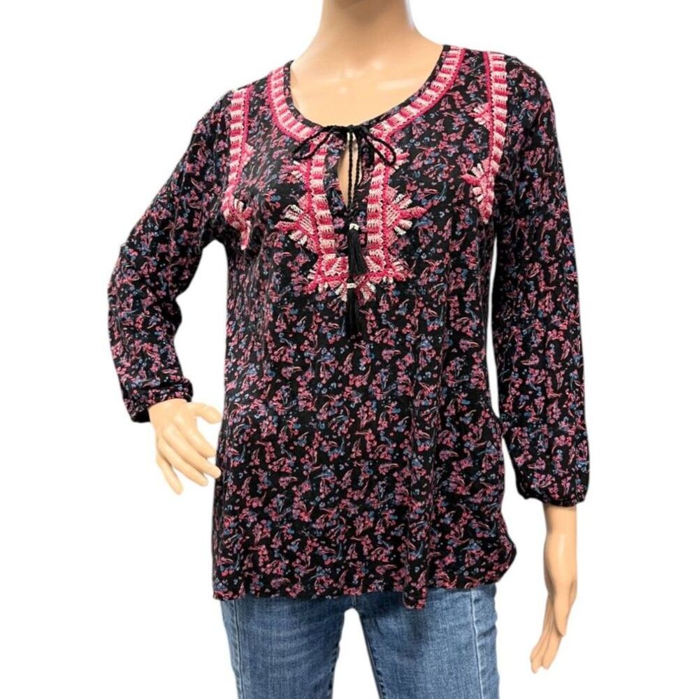 LUCKY BRAND Women's Embroidered BOHO Top in Black Multi Floral Sz L